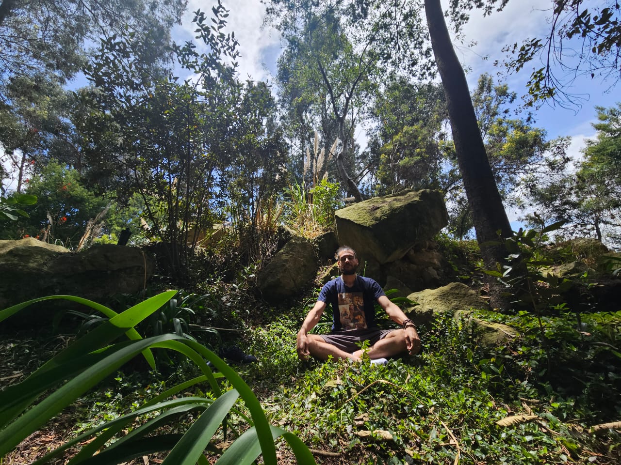 Bechir meditating in a forest setting